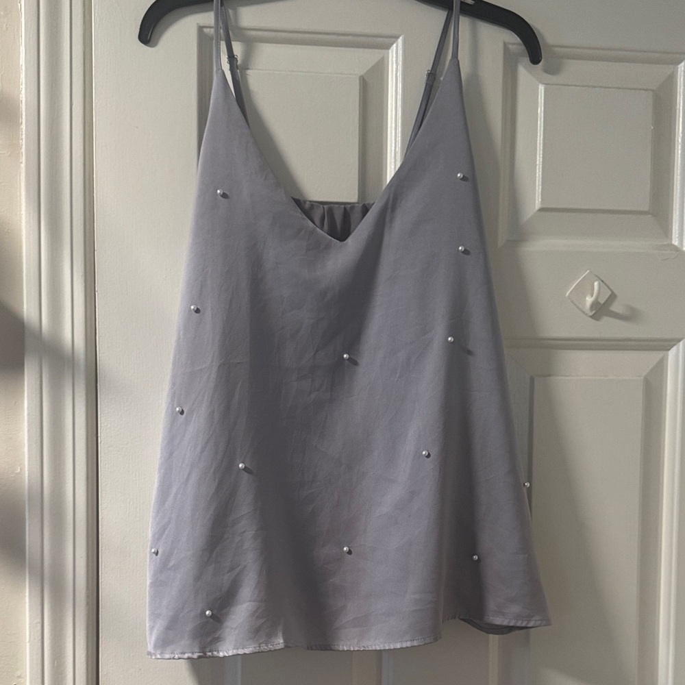 Gray Spaghetti Strap Top with Pearl Accents